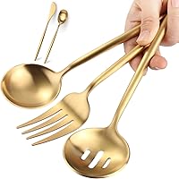 targzier Gold Stainless Steel 5-Piece Serving Utensils Set - 10.8" Fork, 10.3" Slotted & Solid Spoons, Butter & Sugar Knives for Buffet Parties
