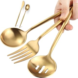 Targzier Gold Stainless Steel 5-Piece Serving Utensils Set - Heavy Duty 10.8" Fork, Slotted Spoon, Butter Knife for Buffet, Parties