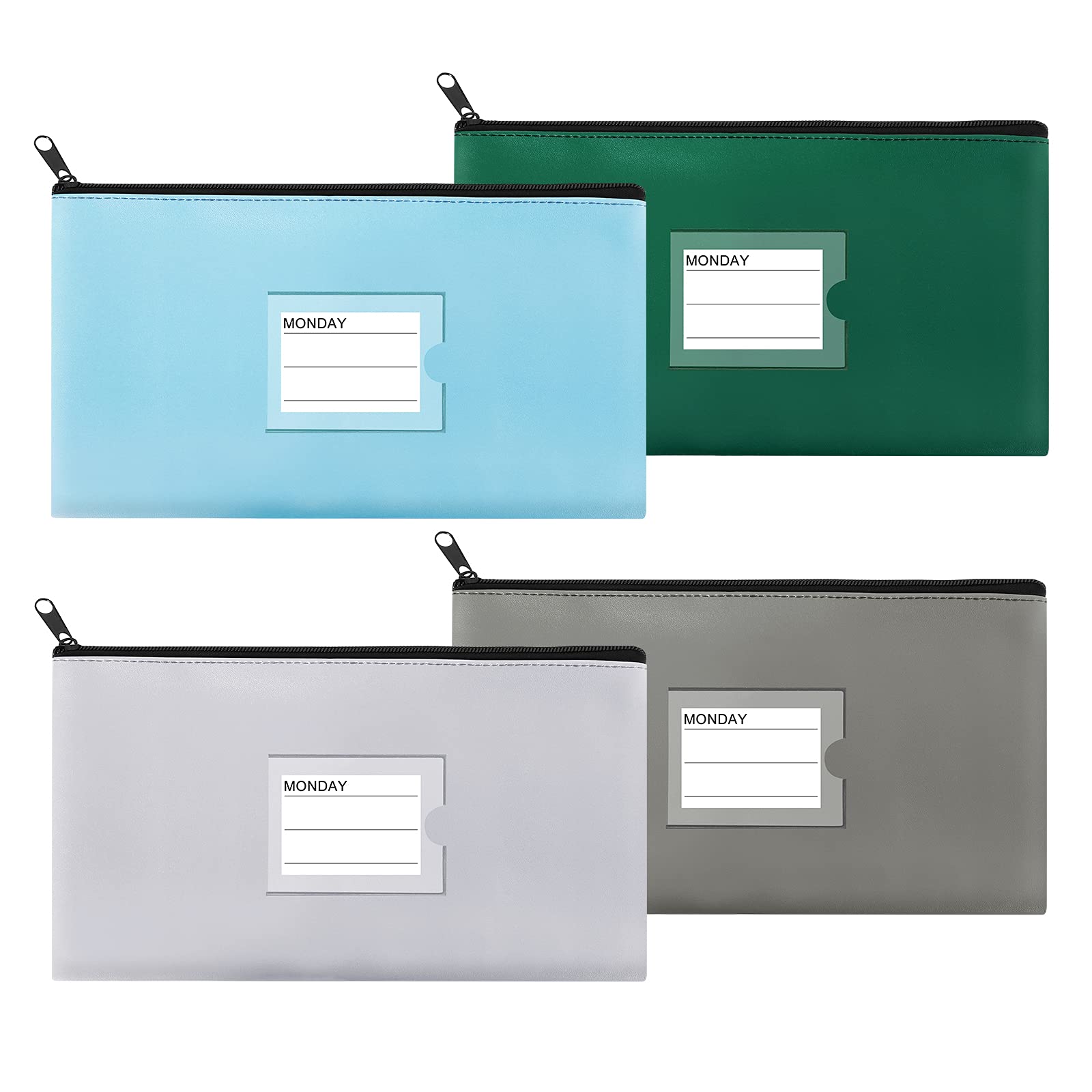 Sinzip 4 Pack Bank Deposit Money Bag, Heavy Duty Leatherette Security Zipper Wallet with Clear Window, Coin Bag, Cash Bag, Tool Pouch, Assorted Colors (4 Pack Mix-Color)