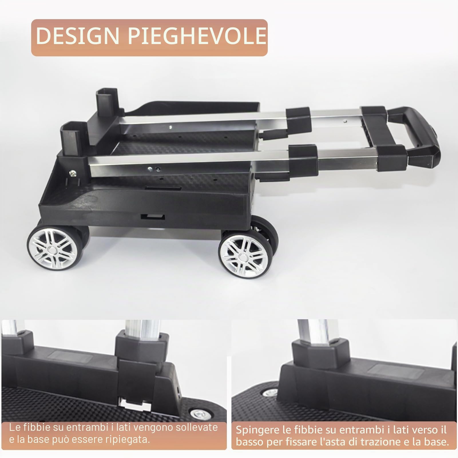 Trolley per zaino con base paraspigoli, carrello pieghevole con ruote girevoli | Telaio leggero in lega di alluminio con cinghia sicura per bagagli, ideale per zaini, borse per laptop e viaggi quotidiani