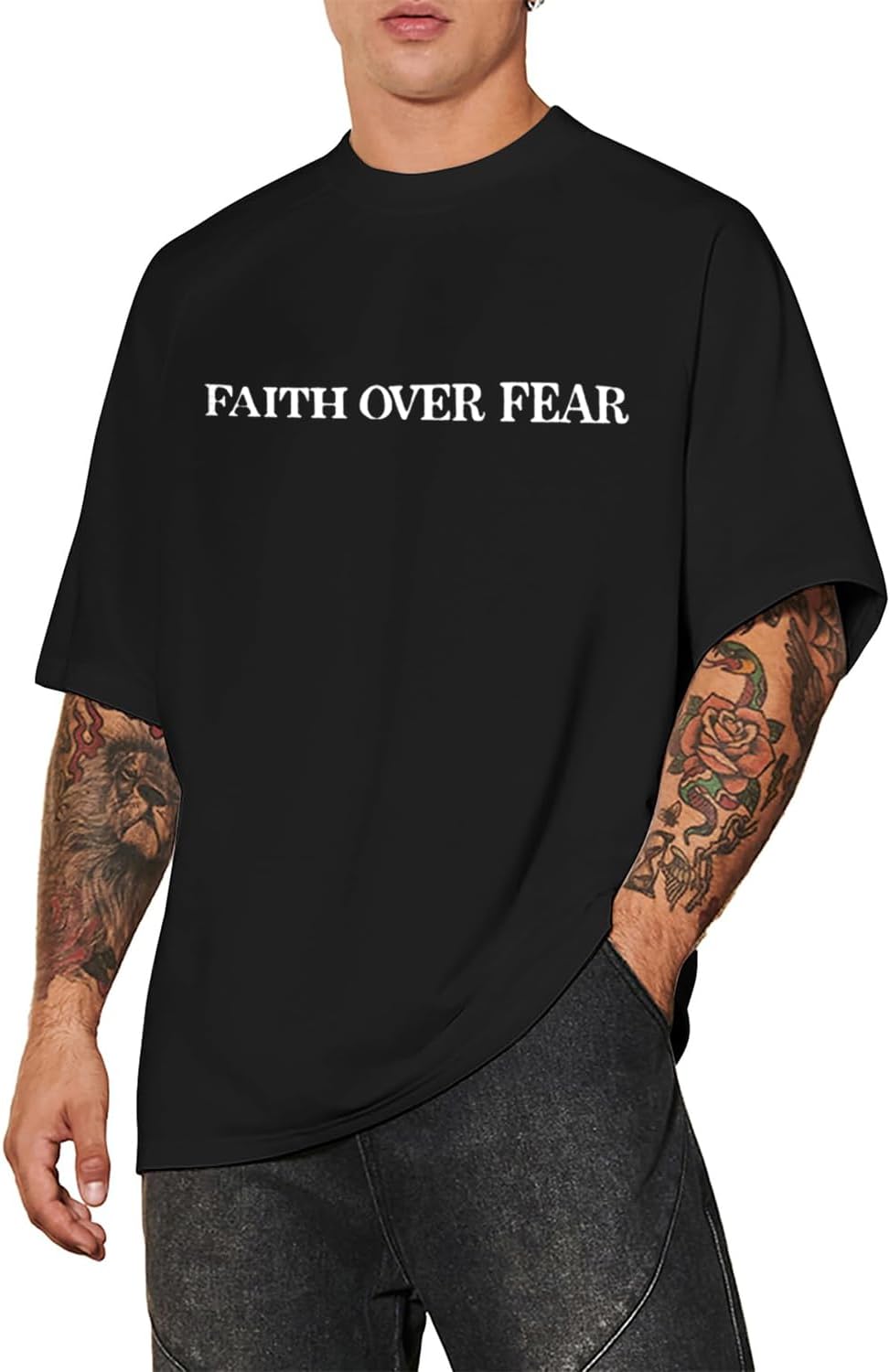 Christian Faith Over Fear Shirt for Men Jesus Religious Shirts Oversized T-Shirt - Image 2