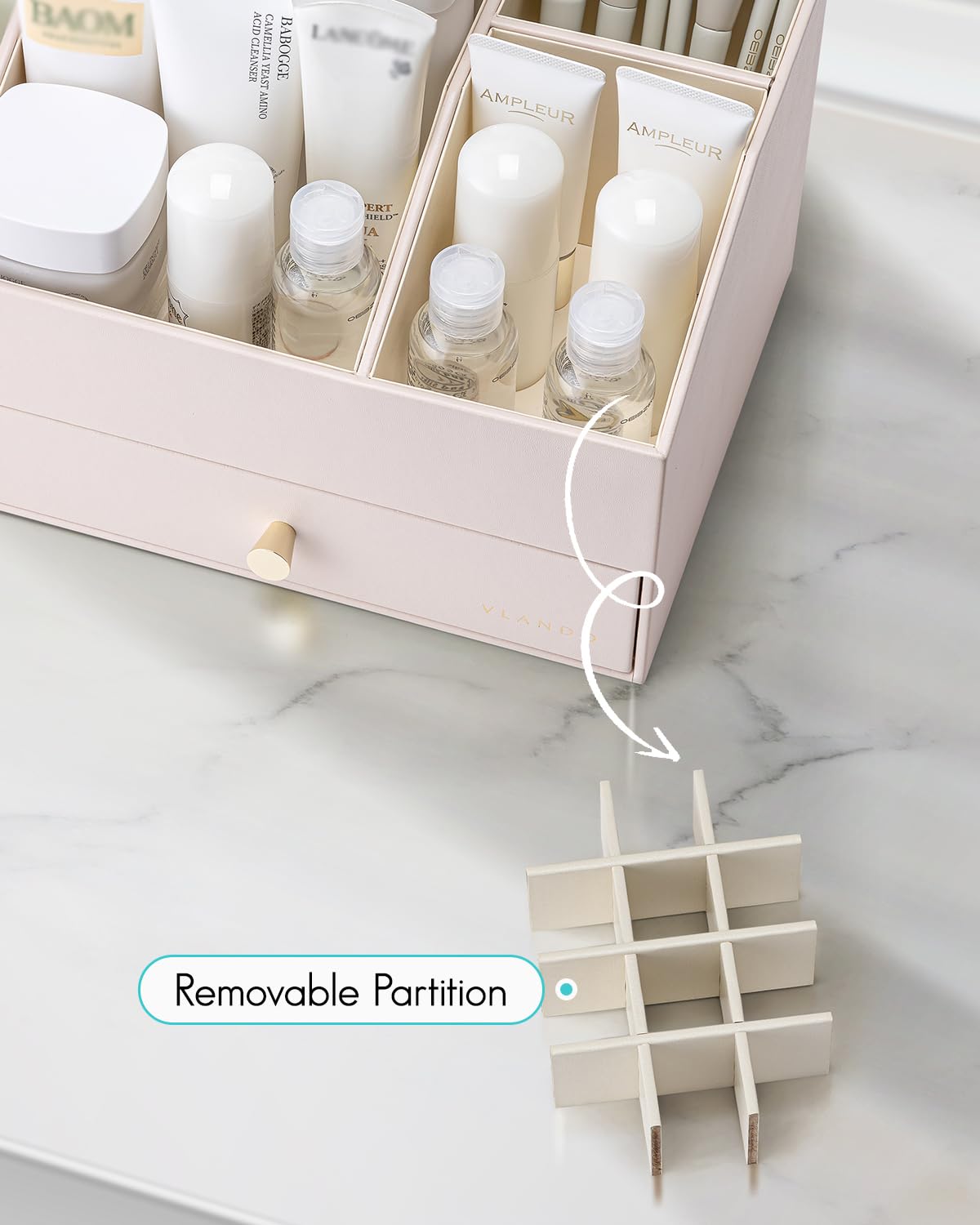 Vlando Organizer per trucchi con cassetti, organizer per cosmetici in pelle PU, organizer per profumi, grande espositore per rossetti, pennelli, regalo per donne, albicocca bianca