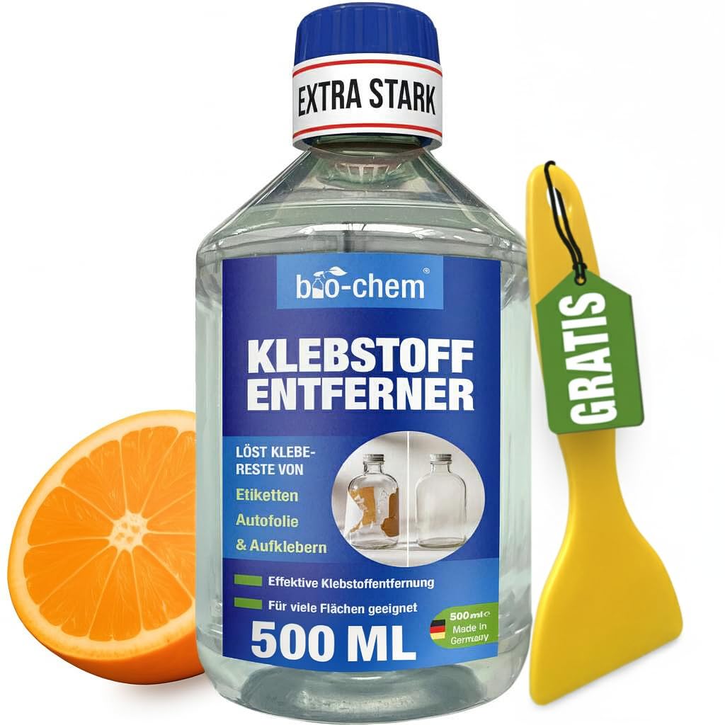 bio-chem Klebstoffentferner Etikettenlöser mit Orangenterpenen – 500 ML – Extrem starker Entferner für hartnäckige Etiketten, Aufkleber & Klebereste – Etikettenentferner inkl. Schaber
