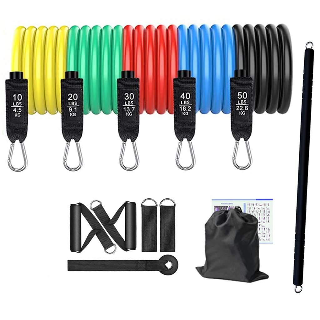 Pilates Bar with Resistance Band Height and Resistance Adjustable Strength Training Expander Portable Home Workout E