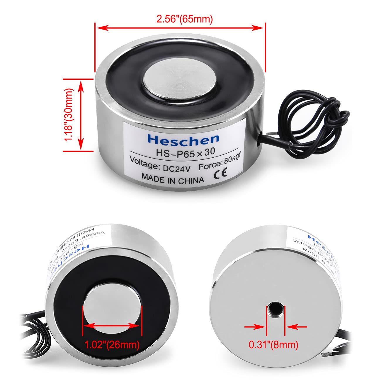 Elettromagnete Heschen P65/30 - DC24V, 80Kg Di Forza, OD 65mm, Per Automazioni Industriali - Foto 6