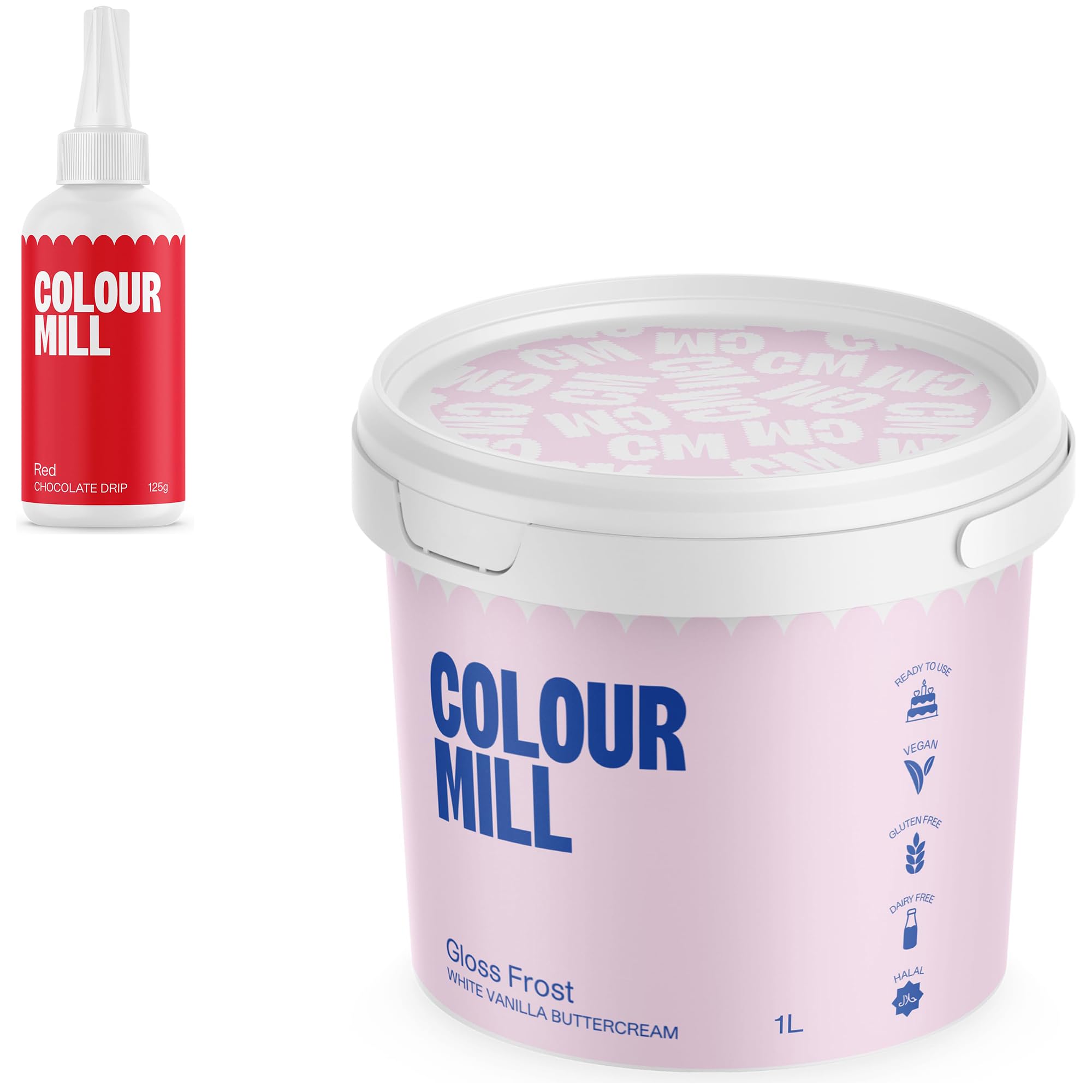 Colour Mill Chocolate Drip Easy-Melt Drizzle for Desserts, 125 Grams Red + Gloss Frost White Buttercream, 1 Liter (2.2LBS)