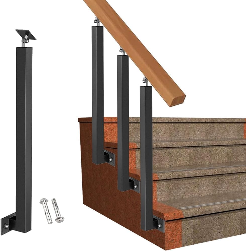 Square Stair Baluster Posts - 270°Adjustable Metal Railing Spindles with Flat Bracket Base,Black Iron Banister Posts for Deck, Balcony, Stair, Decor Railing(Size:2.95ft/90cm,Color:1 Pack Side Mount)
