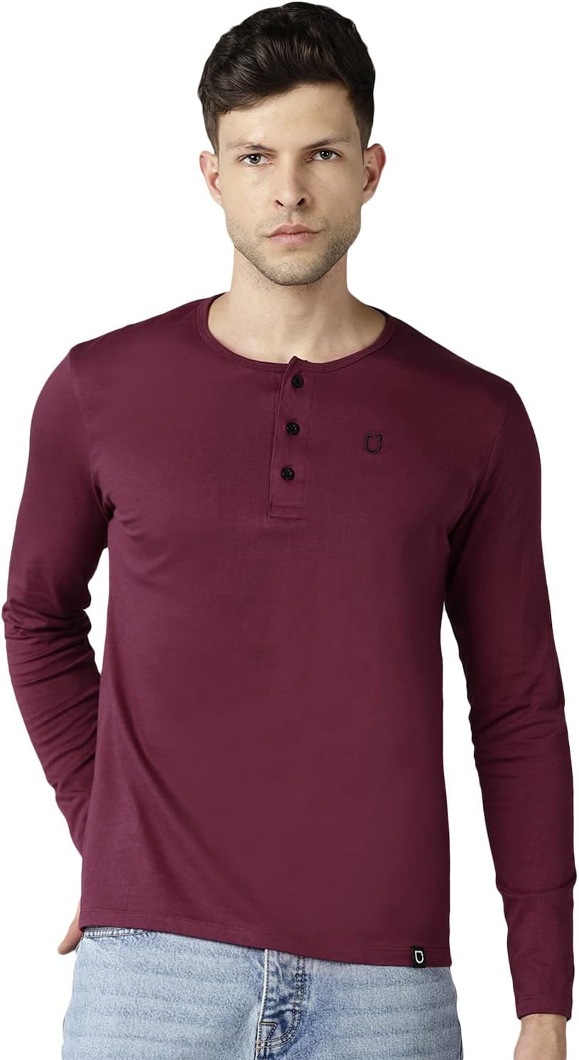 Urbano Fashion Men's Solid Henley Neck Slim Fit Full Sleeve Cotton T-Shirt