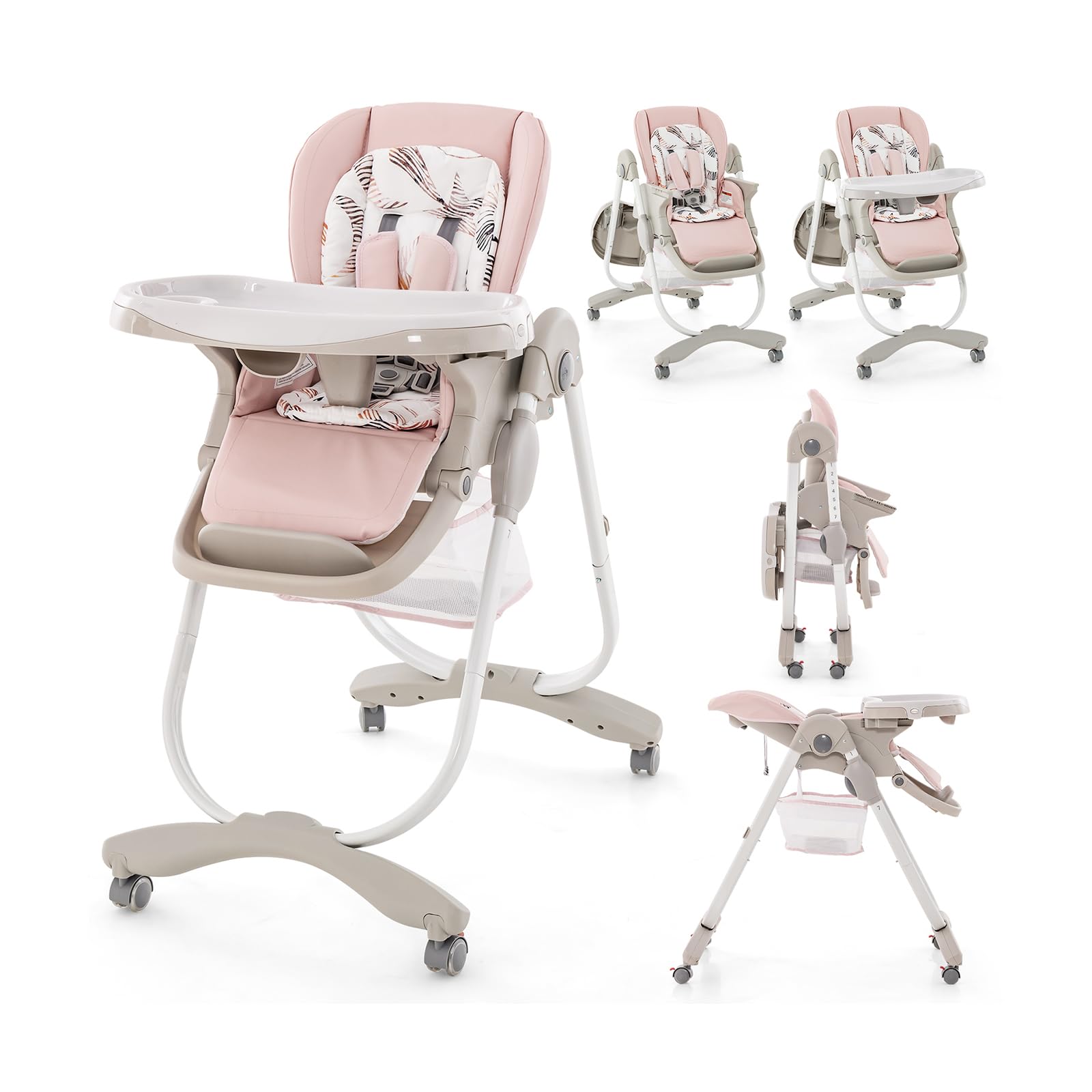 COSTWAY Seggiolone Pappa per Bambini e Neonati, Seggiolone Pieghevole Multifunzione con Ruote, Altezza Regolabile, Poggiapiedi e Schienale, Vassoio Rimovibile, per 6-36 Mesi (Rosa)