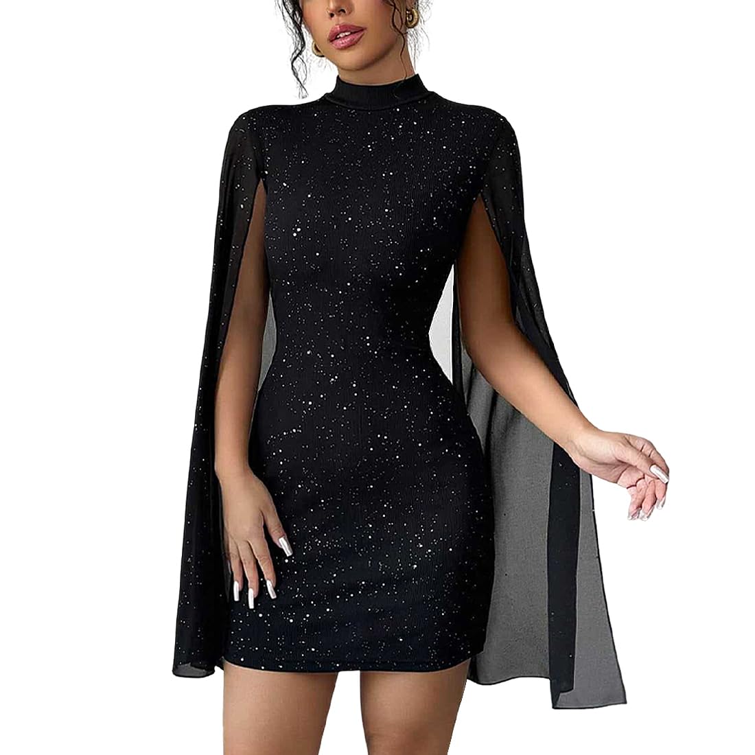 Robe Femme Sexy Manches Longues Bodycon Mini Robes Moulante Chic et Élégante Wrap Robe de Soiree Décontractée Col Haut Courte Robes Fourreau de Clubbing Cocktail Fête