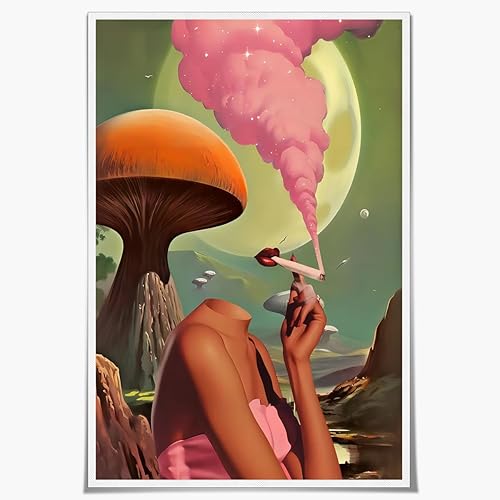 Lienzo de los años 70, estilo vintage, surrealista, artístico, moderno, abstracto, estético, decoración de habitación, retro, hongo, luna, mujer,