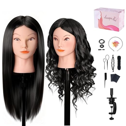 Mannequin Head with 100% Human Hair, MYSWEETY 18" Real Hair Manikin Doll Head for Hair Styling, Cosmetology Mannequin Hairdressing Practice Training Head with Clamp Holder and Tools(Black, Makeup)