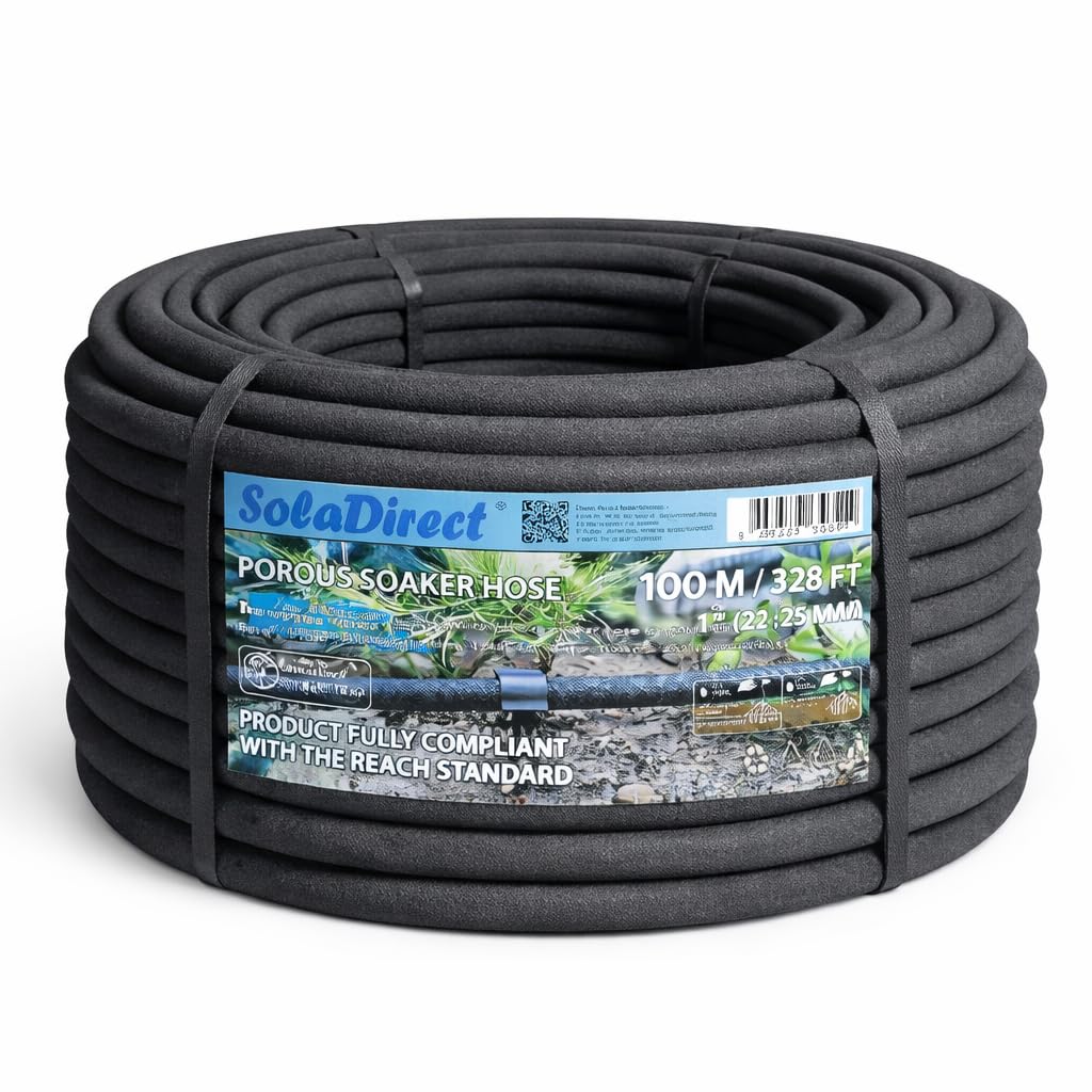 SolaDirect Soaker Hose Porous Pipe with Connectors REACH Compliant Water Saving - Black / 100m