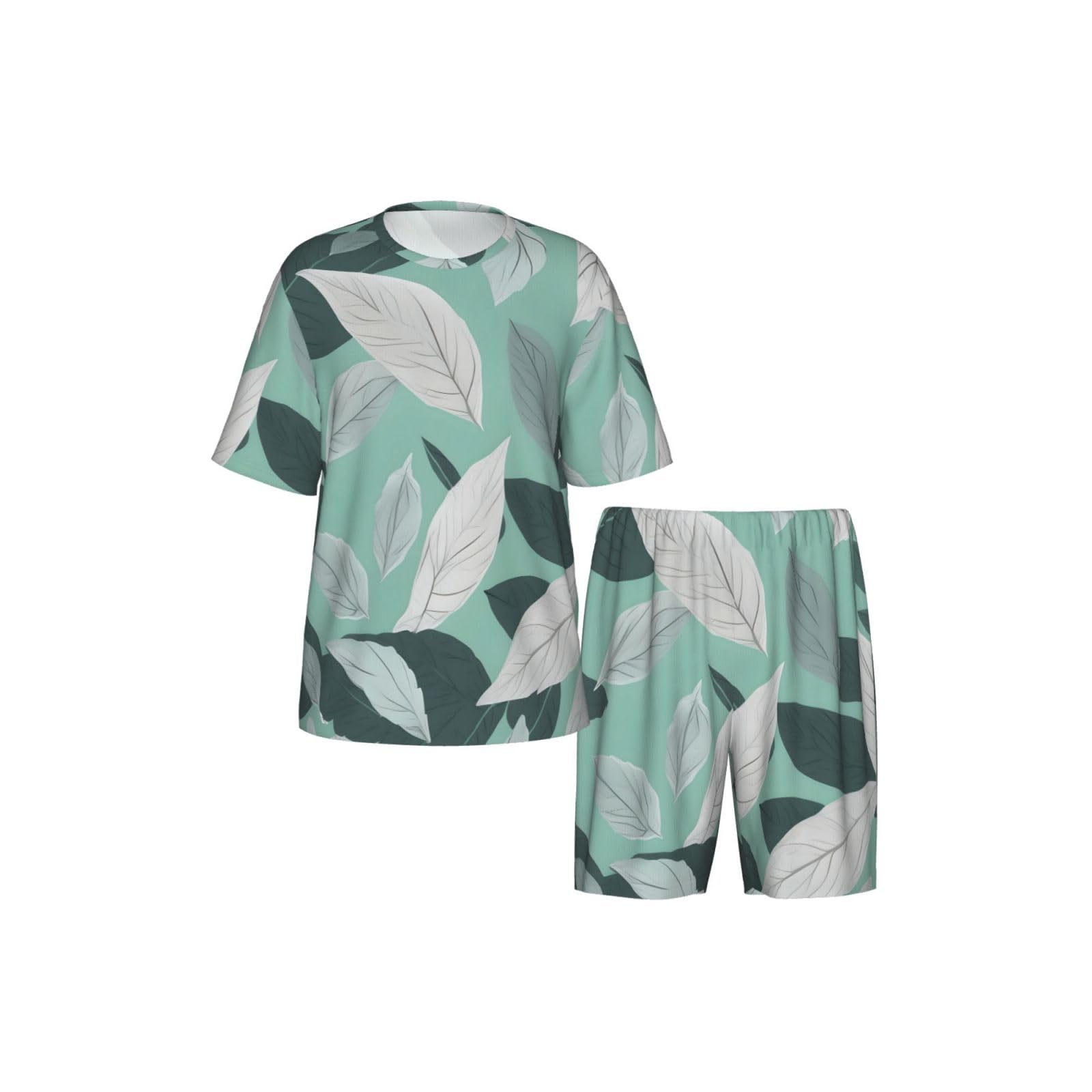 Conjunto de pijama clásico con estampado de hojas grises menta, pantalones cortos de pijama suaves para hombre, perfecto para las noches de verano