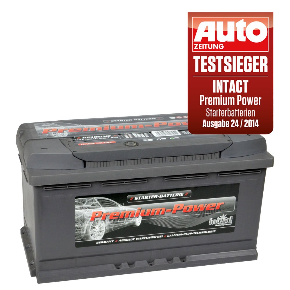 intAct Premium Batería de arranque 12V 100Ah 900A - Batería de coche con un 30% más de potencia de arranque y tecnología de carga rápida - a prueba de fugas y sin mantenimiento - Dimensiones (LxAxA