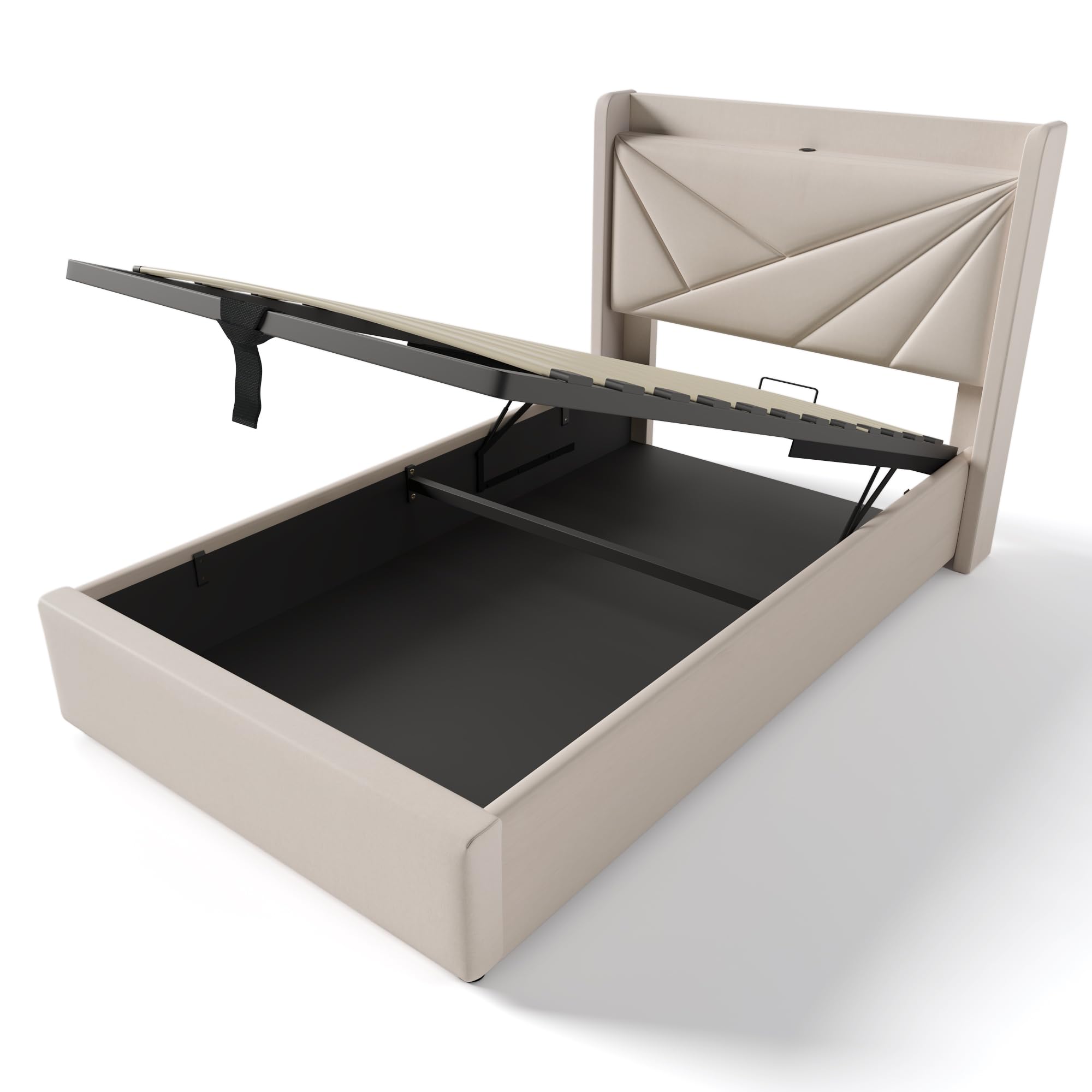 Letto imbottito 90 x 200 cm, letto singolo con cassetta, effetto lino e stazione di ricarica USB, letto funzionale con vano portaoggetti, rete a doghe e design moderno testiera