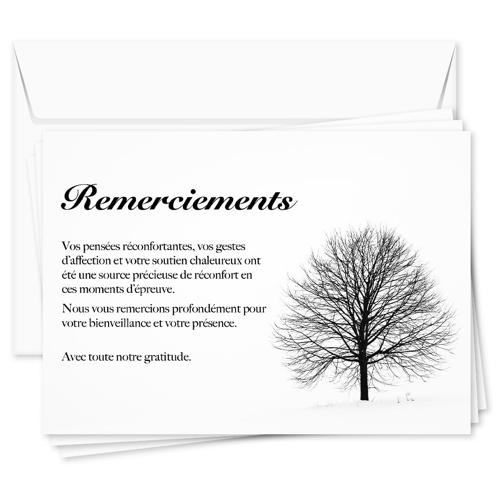 UTTSCHEID Lot de 50 Cartes Remerciement Deuil A6 (10,5 x 14,8 cm) avec Enveloppes Arbre d’hiver