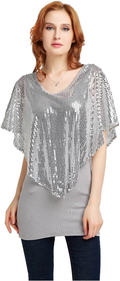 Women's Crew Neck Shirt Sparkly Sequin in 2 Layerd Blouse Tops Grey m