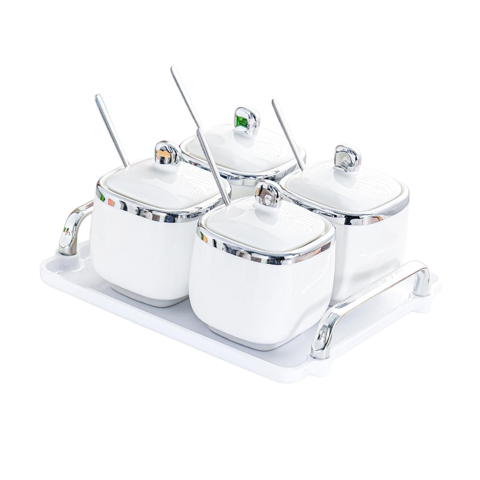 Pot à épices en céramique pour bonbons, noix et fruits secs, avec plateau amovible et large ouverture anti-poussière. Idéal pour les restaurants, Argent, 4 pot