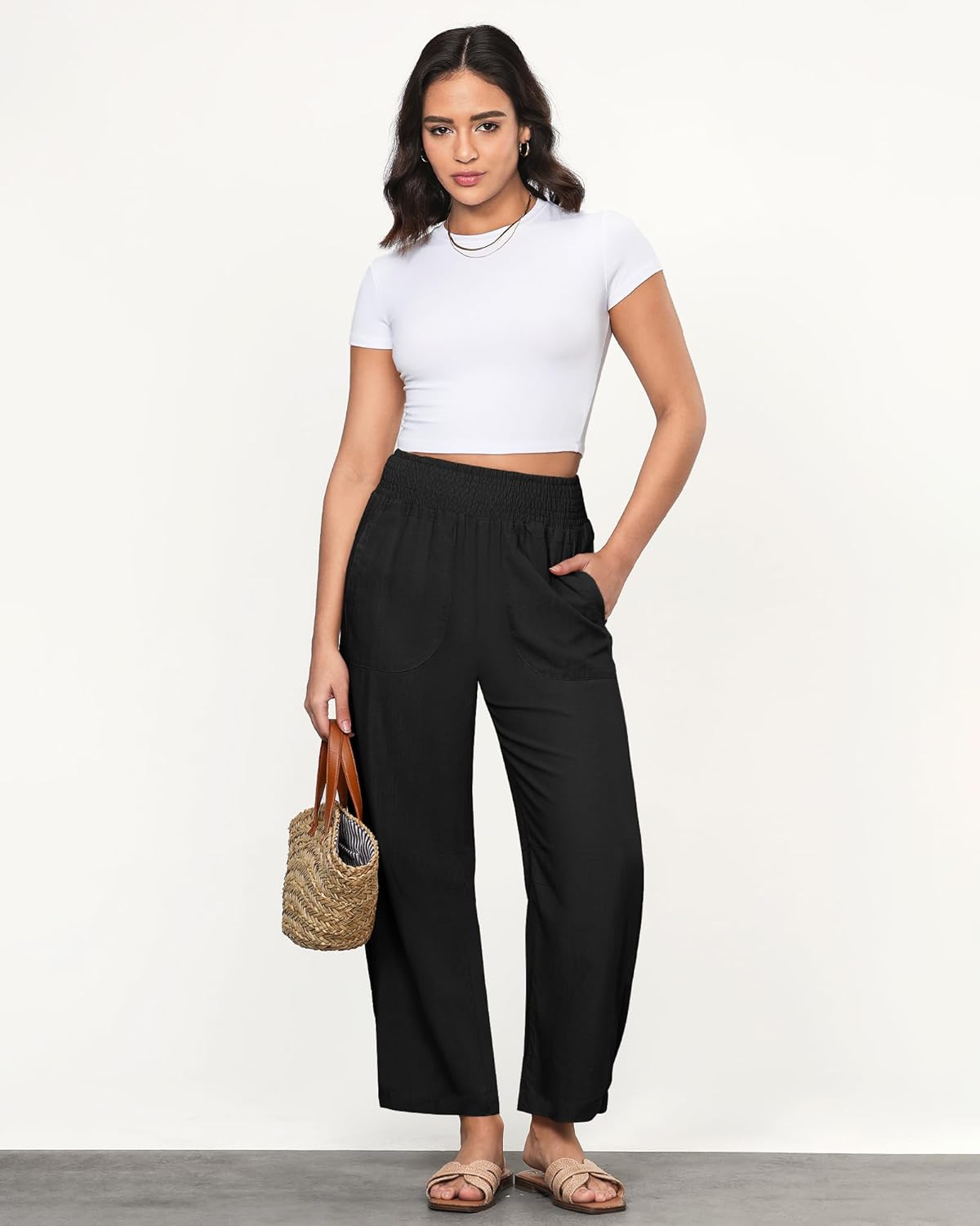 GRAPENT Linen Pants Women Wide Leg High Waisted Cropped Barrel Pull On Smocked Elastic Waist Summer Pants with Pockets - Image 3