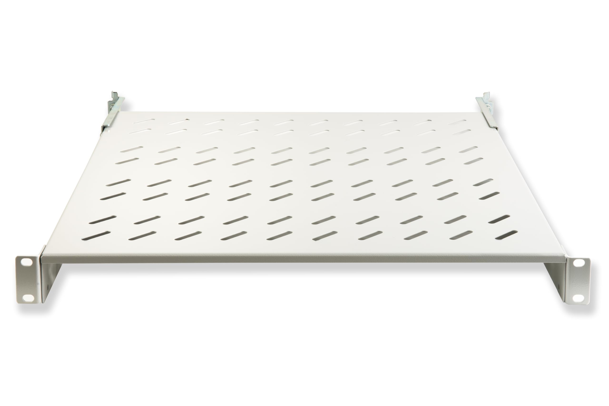 Link LKRIP450L - Ripiano in acciaio per armadio rack 19" universale (profondità 45-55 cm, grigio chiaro RAL7035) – 4 agganci frontali e posteriori – Portata 50 kg e superficie traforata per aerazione