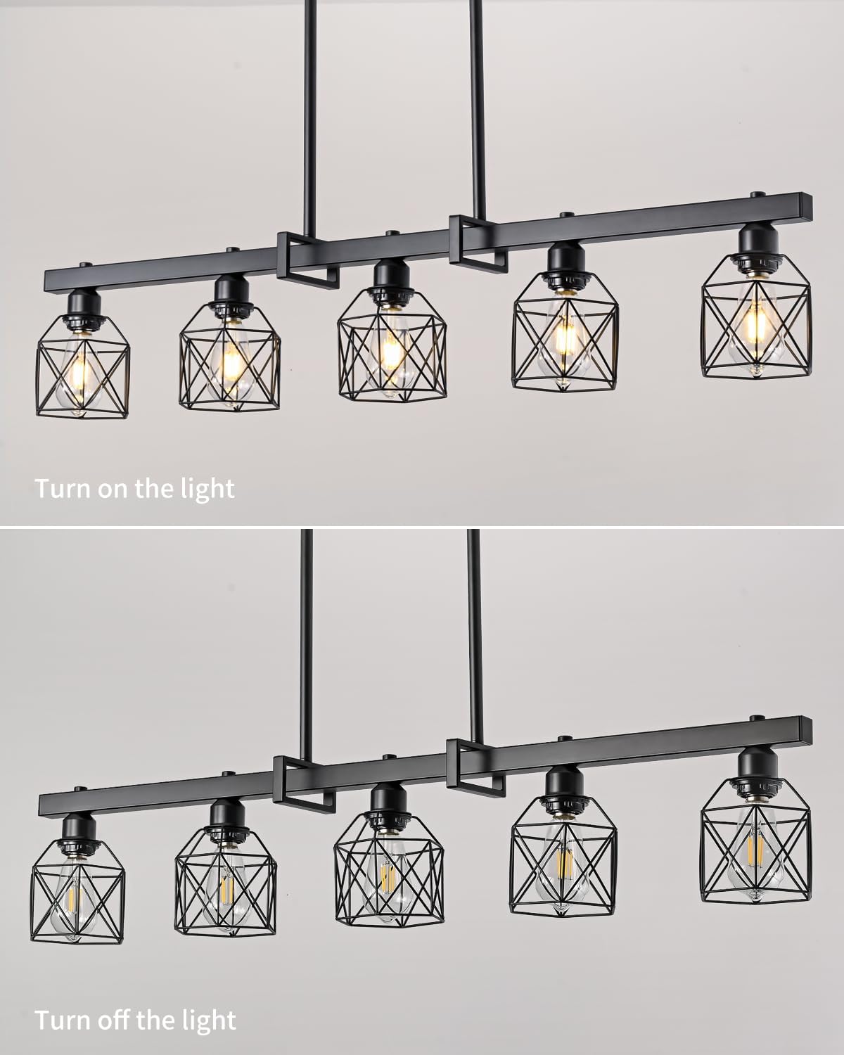 5-Light Farmhouse Kitchen Island Lighting Black Hardware and Black Metal cage Frame Design Rustic Vintage Pendant Ceiling Light Suitable for Dining Rooms and Living Rooms