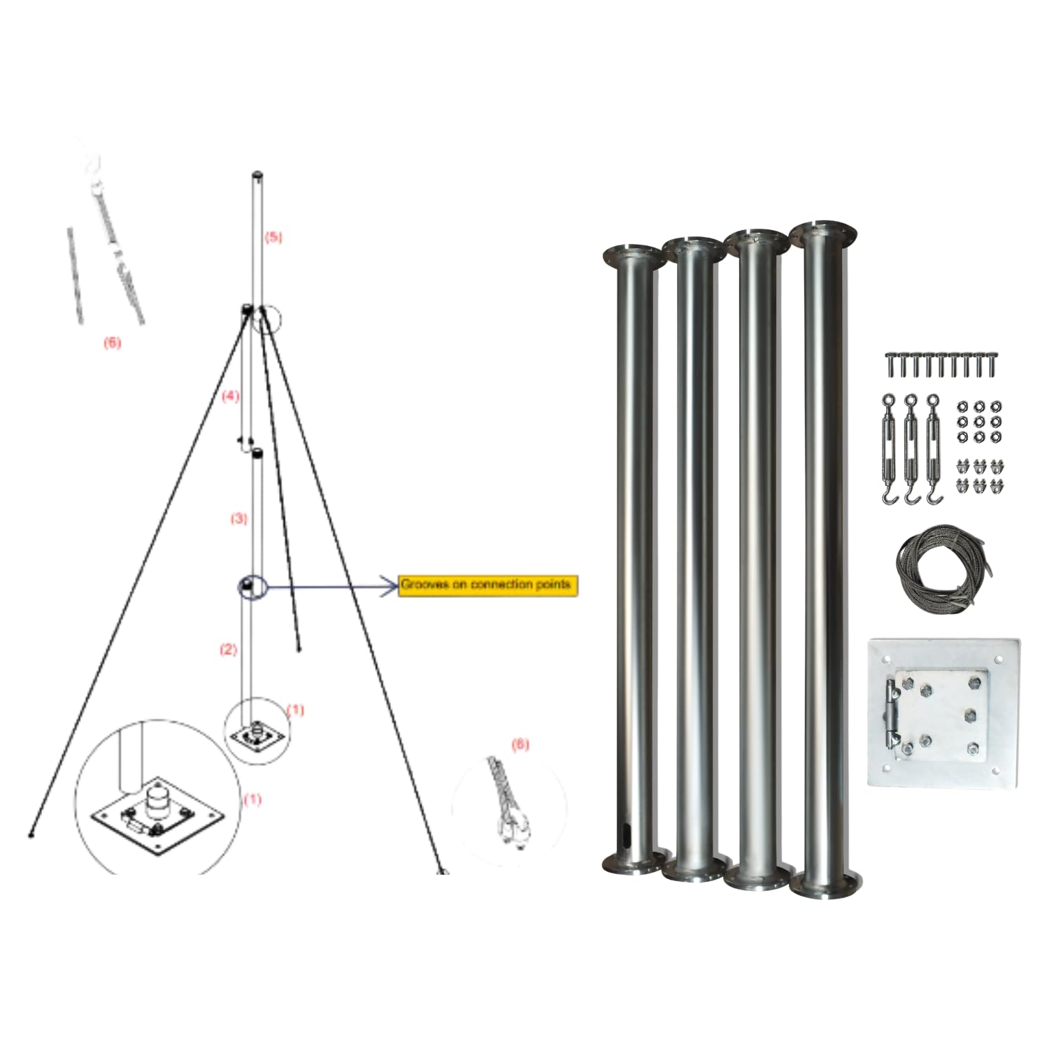 Turbine éolienne Accessoires et mât pliable pour une capacité de charge de 15 à 40 kg (mât pliable de 4 m jusqu'à 15 kg)