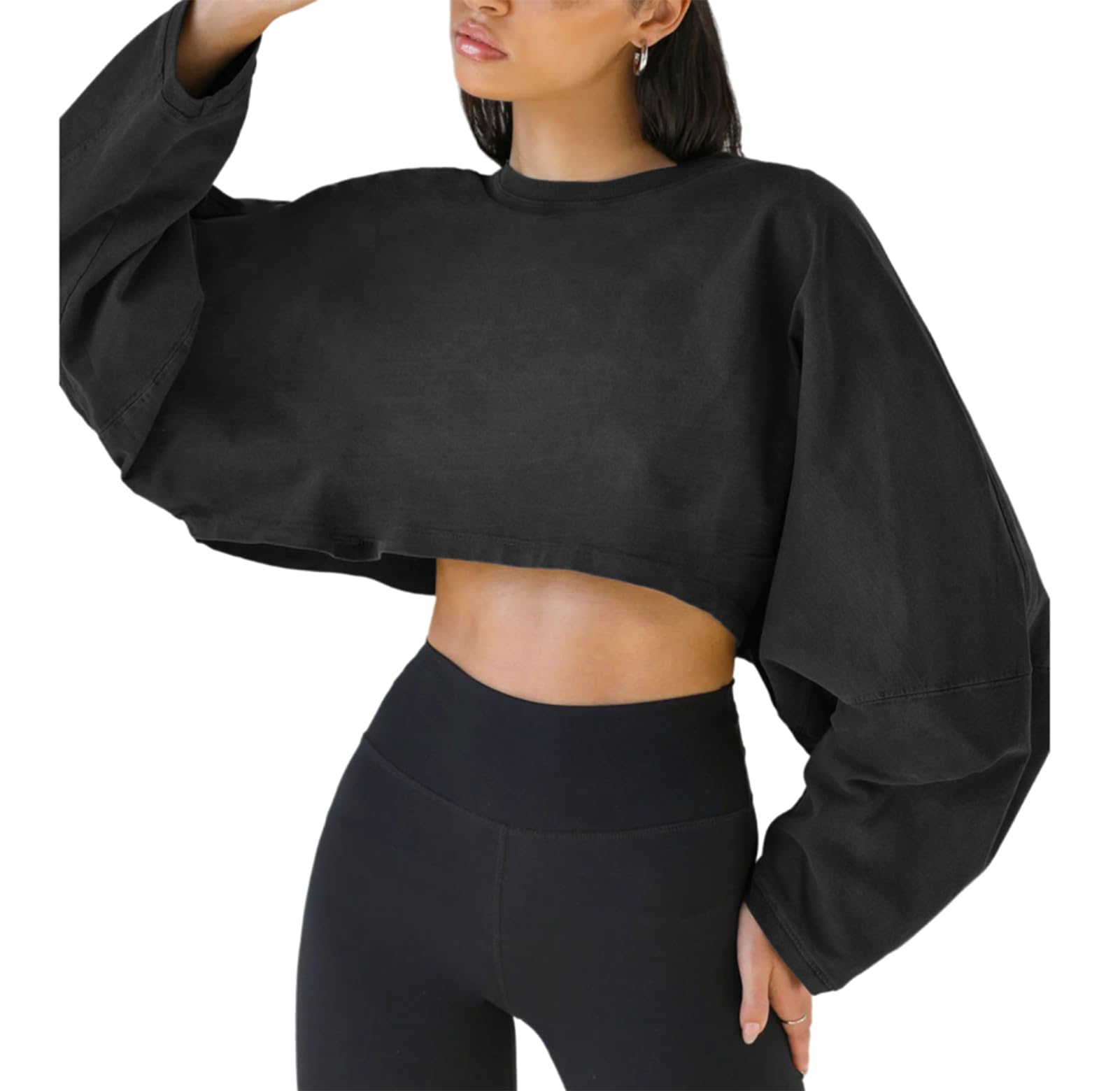 Damen Langarm Cropped Sweatshirt Crop Top T-Shirt Oversized Pullover mit Rundhalsausschnitt Ausgehen Tops für 2025