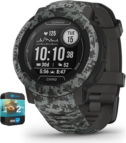 Garmin 010-02626-13 Instinct 2 Camo Edition GPSRastreador de fitness Graphite Camo Bundle con paquete de protección mejorada CPS de 2 años