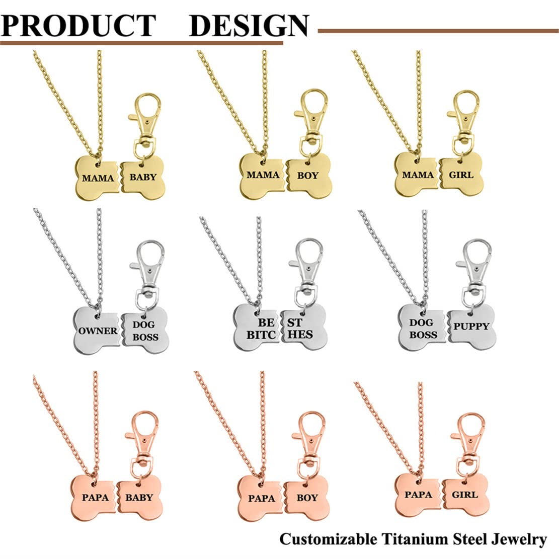 Kingbell Pet ID Tags Handmade Dog Bone Pet Tag Best Friends Necklace Keychain Customize Engraved Dog Cat Pet Human Love Jewelry Lover Gift Pet Keyring Titanium Steel (Rose Gold,Best Bitches)