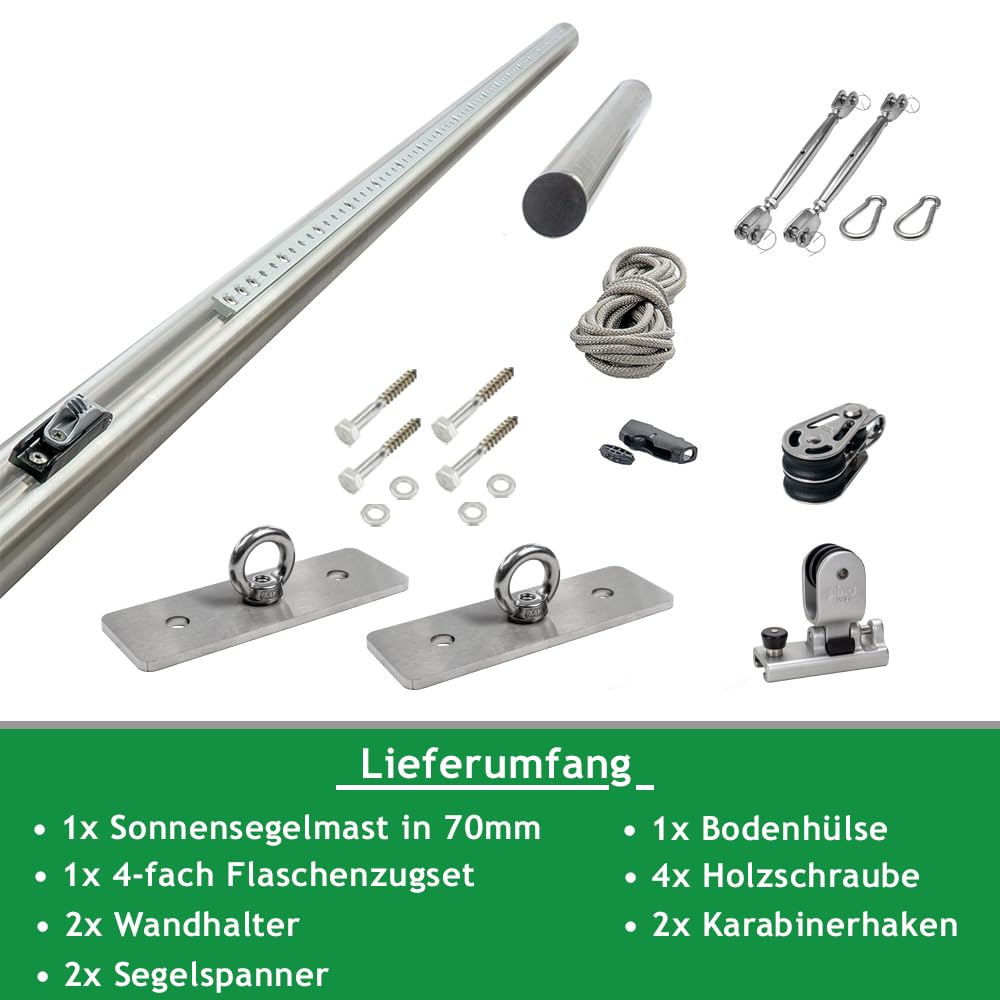 Befestigungs-Set für dreieckige Sonnensegel | 2 Wandhalter & 1 Mast höhenverstellbar - (2X Wantenspanner/Karabiner, In Holz - 2X Wandhalter/Schrauben)