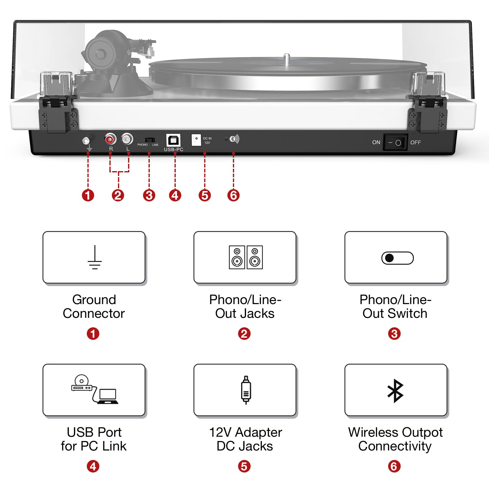 Giradischi Vinili Trasmissione a Cinghia con Connettività di Uscita Wireless, Lettore con Contrappeso Regolabile e Cartuccia Magnetica e 2 Velocità 33/45 RPM, Conversione USB, Linea Fono