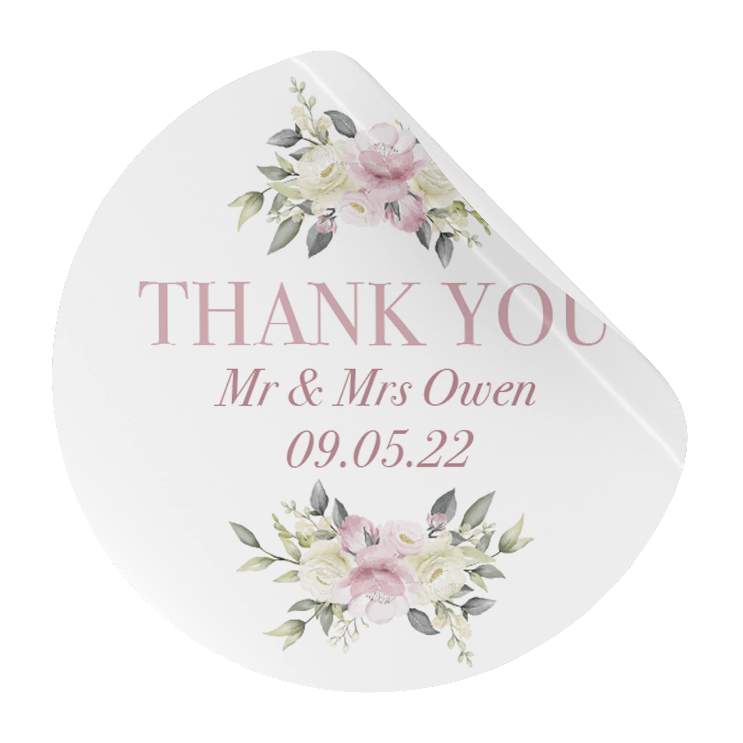 Personalised Pink Floral 'Thank You' Favour Stickers for Wedding/Baby Shower/Hen Party/Birthday (LA25) (45mm (24 per Sheet))