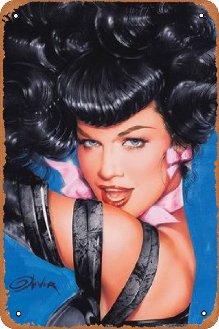 Olivia - Bettie Page Eyes Iron Painting Wall Poster Metal Vintage Band Tin Signs Retro Garage Plaque Decorative Living Room Garden Bedroom Office Hotel Cafe Bar, 8 X 12 Inch