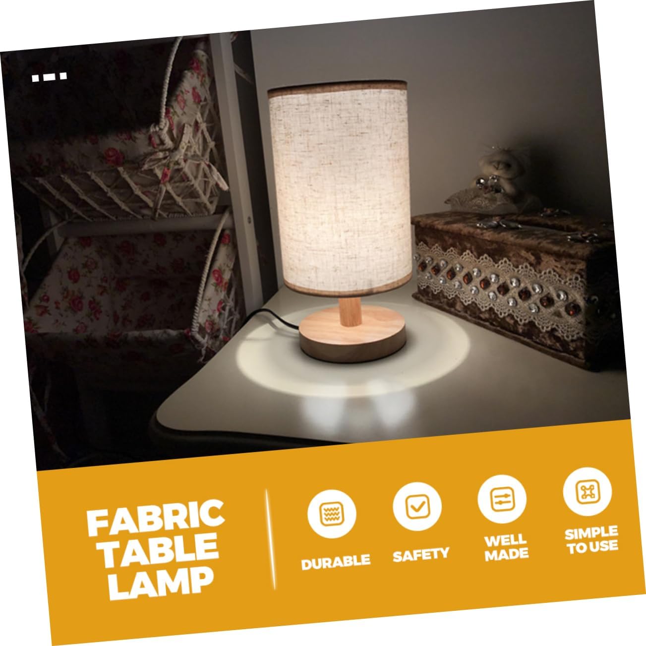 Uonlytech USB Linen Table Lamp with LED Light Soft Eye Friendly Bedside Night Light for Bedroom and Dormitory Minimalist Fabric Shade with Wooden Base Compact Desk Lamp for Use