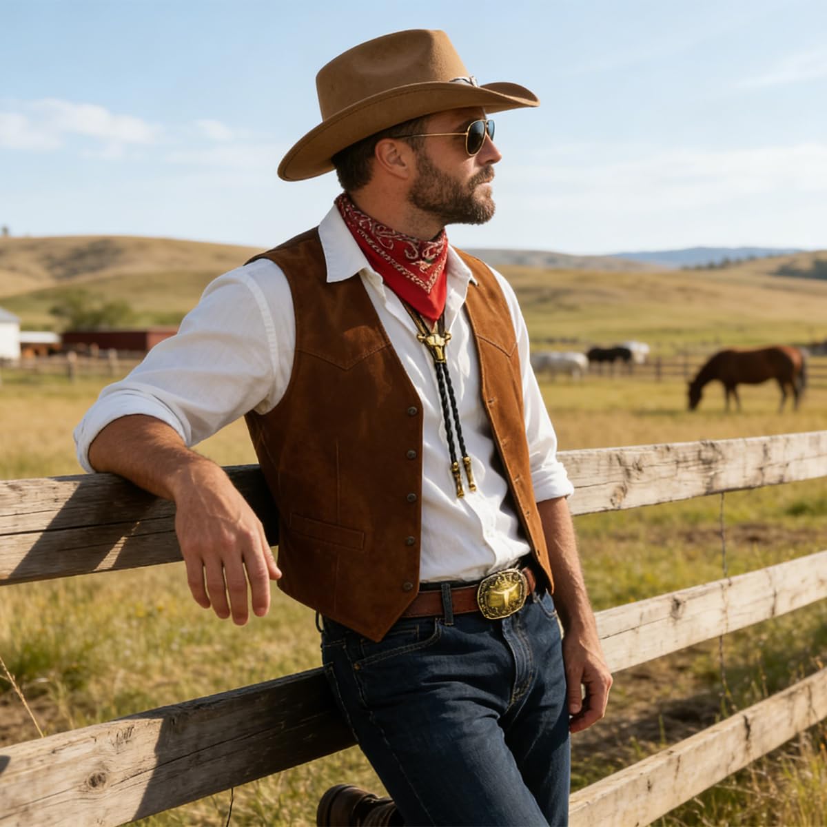 Costume Cowboy Uomo Completo con Gilet Cappello Occhiali da Sole Collana Bracciale e Bandana per Festa a Tema Western Vestito Carnevale Hippie Halloween