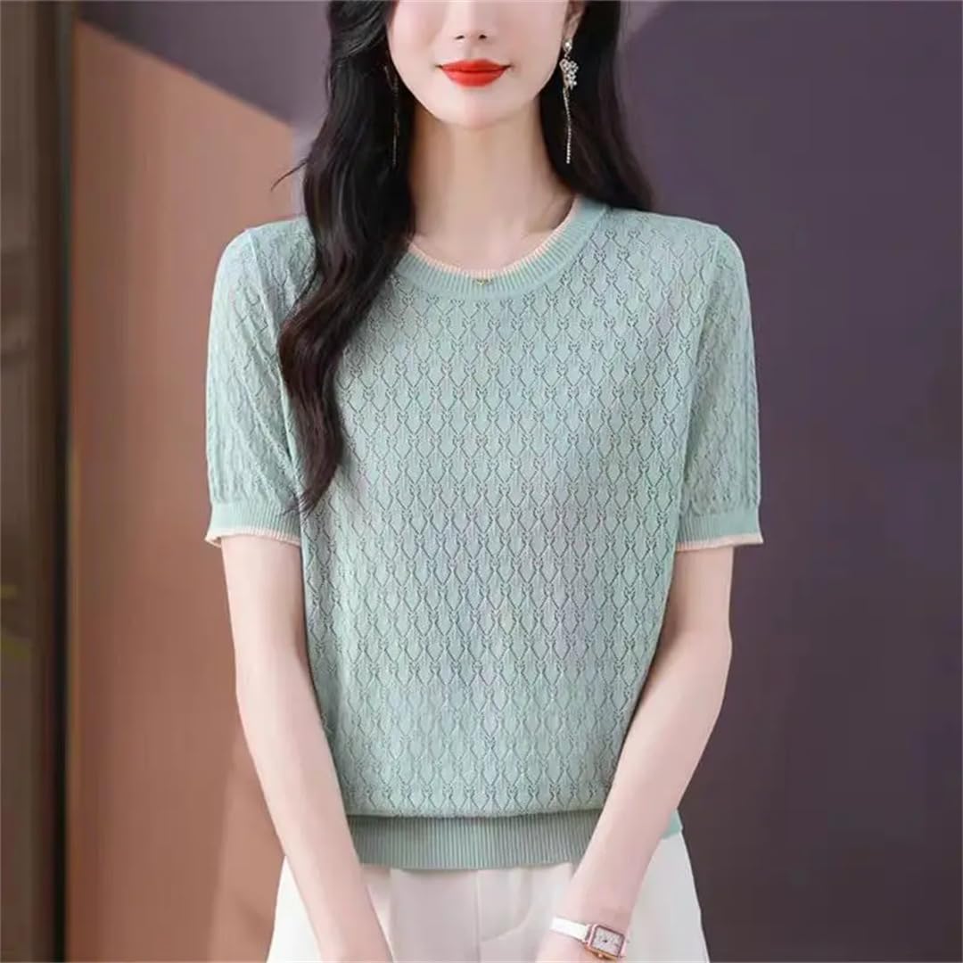 Damen-Sommer-T-Shirt, locker, hohl, kurzärmlig, schmaler Pullover, T-Shirt, kühles Seide, dünnes Oberteil