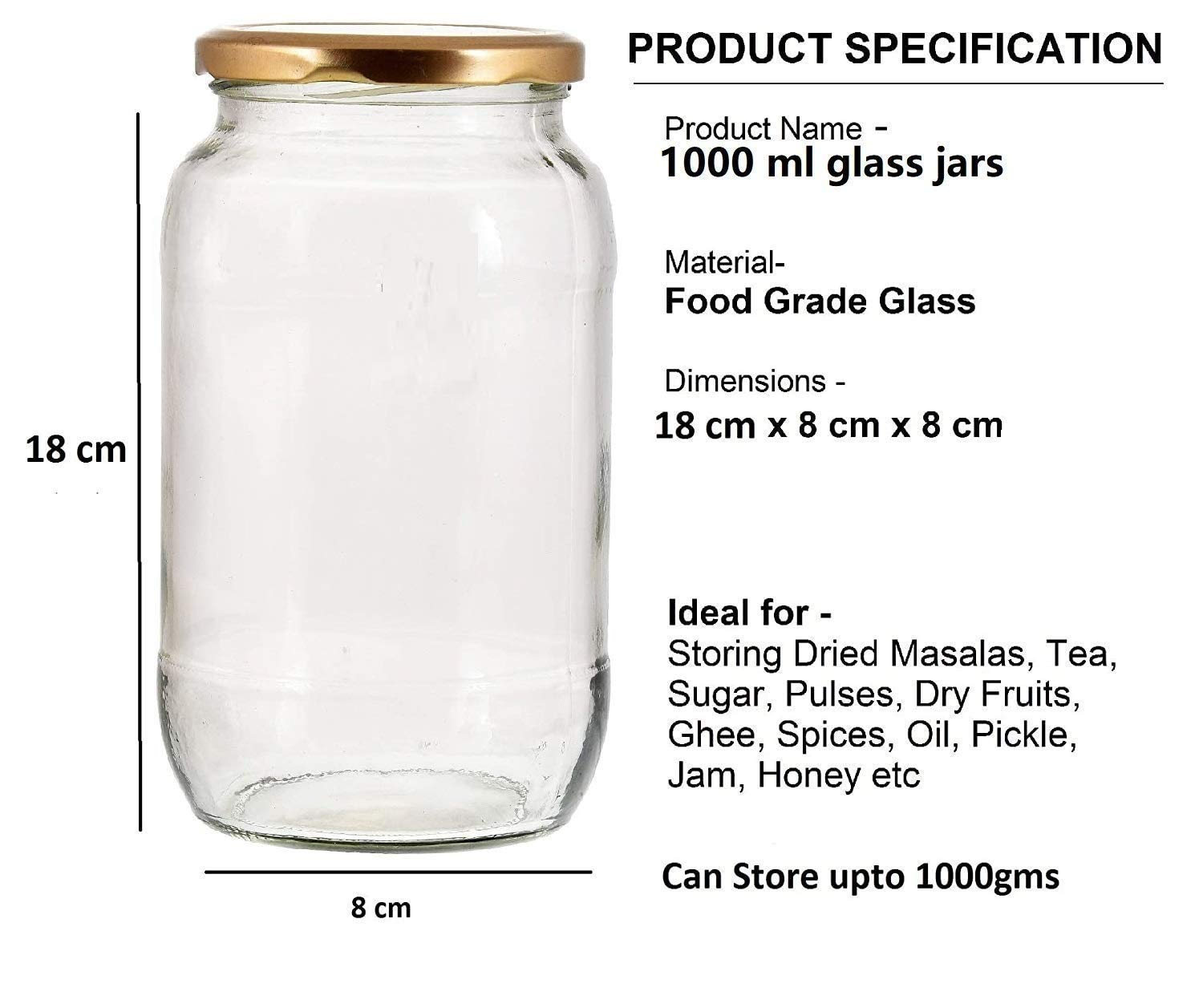 PRAMUKH FASHION 1000 Gram Glass Jar with Air Tight Gold Lid for Kitchen Dried Masla Storage Jar,Honey Jar,Jar and Container,Spice Masala Jar,Glass,Visible Glass Jar for Kitchen Storage Set of 8 offers donot miss