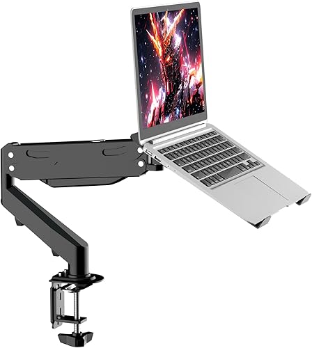 Pholiten Soporte de escritorio para laptop con brazo de resorte de gas, soporte de monitor 2 en 1 para portátil de 12 a 17 pulgadas y pantalla de