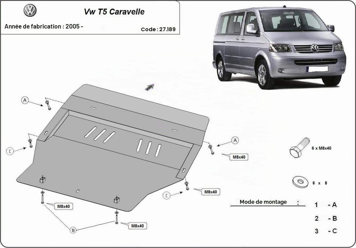 Protection sous moteur métallique compatible avec Volkswagen Caravelle T5, T6. Scut Protection