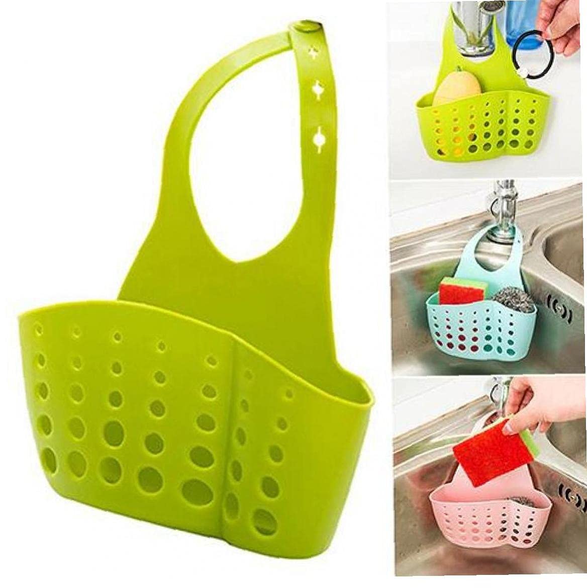 Pinicecore Green Hanging Basket Bathroom Accessory Sink Sponge Holder 2 Bags Holes Tap Hanging Strainer Organizer Sink Kitchen Accessories Wash