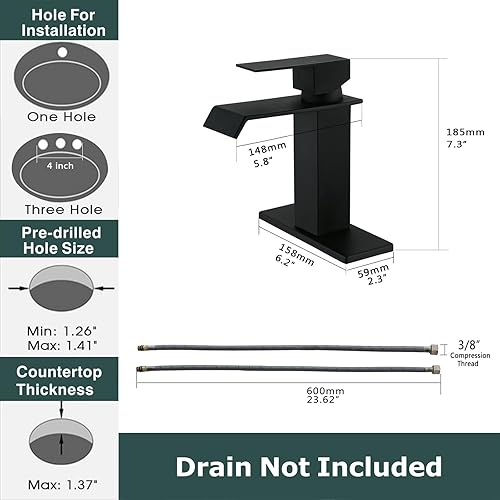 Miniatura 4 de Poumao Grifo de baño en cascada para lavabo de baño, grifo negro de una sola manija con placa de cubierta para 1 o 3 agujeros