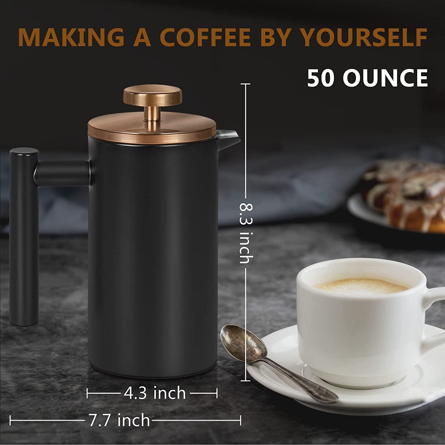 Grande cafetière à piston isotherme en acier inoxydable de 1,5 l, double paroi pour garder le café et le thé au chaud, bonus avec 2 filtres à café - Noir (1500 ml)