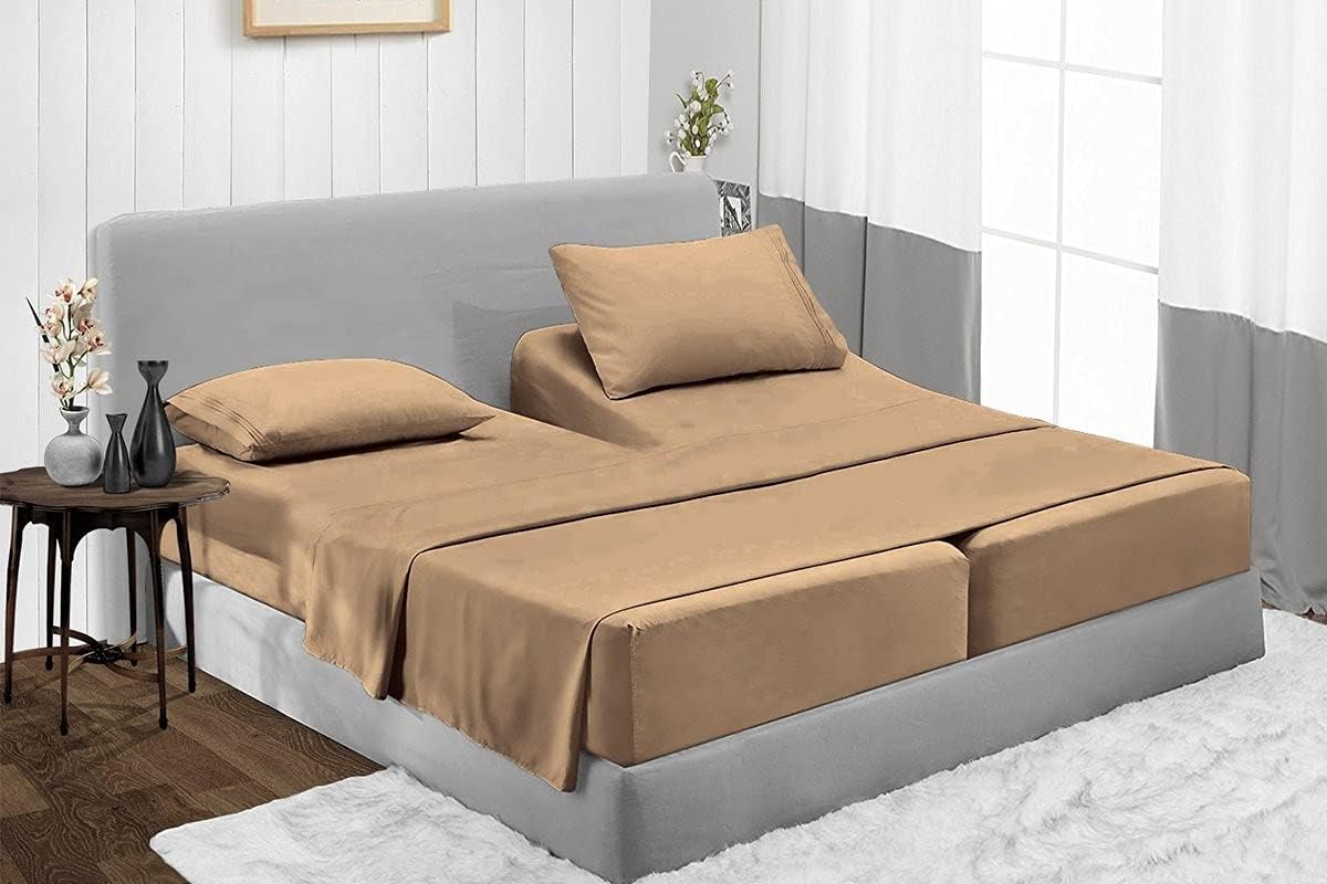 Split California King Egyptian Cotton Sheets Sets for Adjustable Bed 10-Inches Extra Deep Pocket- 1000-Thread-Count, 100% Egyptian Cotton 5-PC Sheet Set Soft Breathable Sateen Weave - Taupe