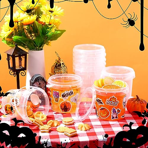 Sliner 20 Pcs 34 oz Halloween Candy Bucket Small Halloween Pail 100 Horror Stickers Halloween Cocktail Rum Buckets with Lid and Handle for Halloween Candy Drinks Food Container