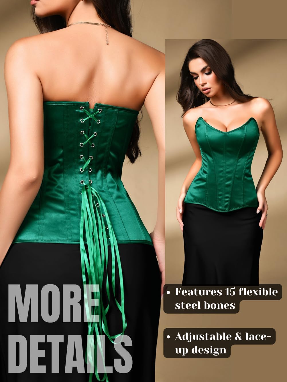 Women Satin Overbust Corset Top, 15 Steel Boned Lace Up Shapewear, Xs-6Xl Sexy Bustier Formal Evening Party Going Out - Image 3