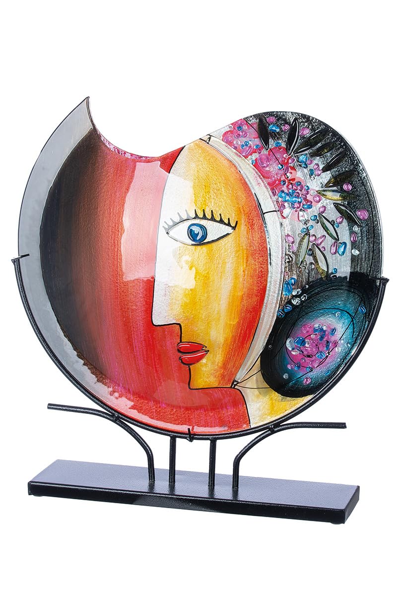 GILDE GLAS art Deko große Vase Gesichtsvase - handbemalte Glasvase mit Metall Ständer - Dekoration Wohnzimmer Höhe 48 cm mehfarbig