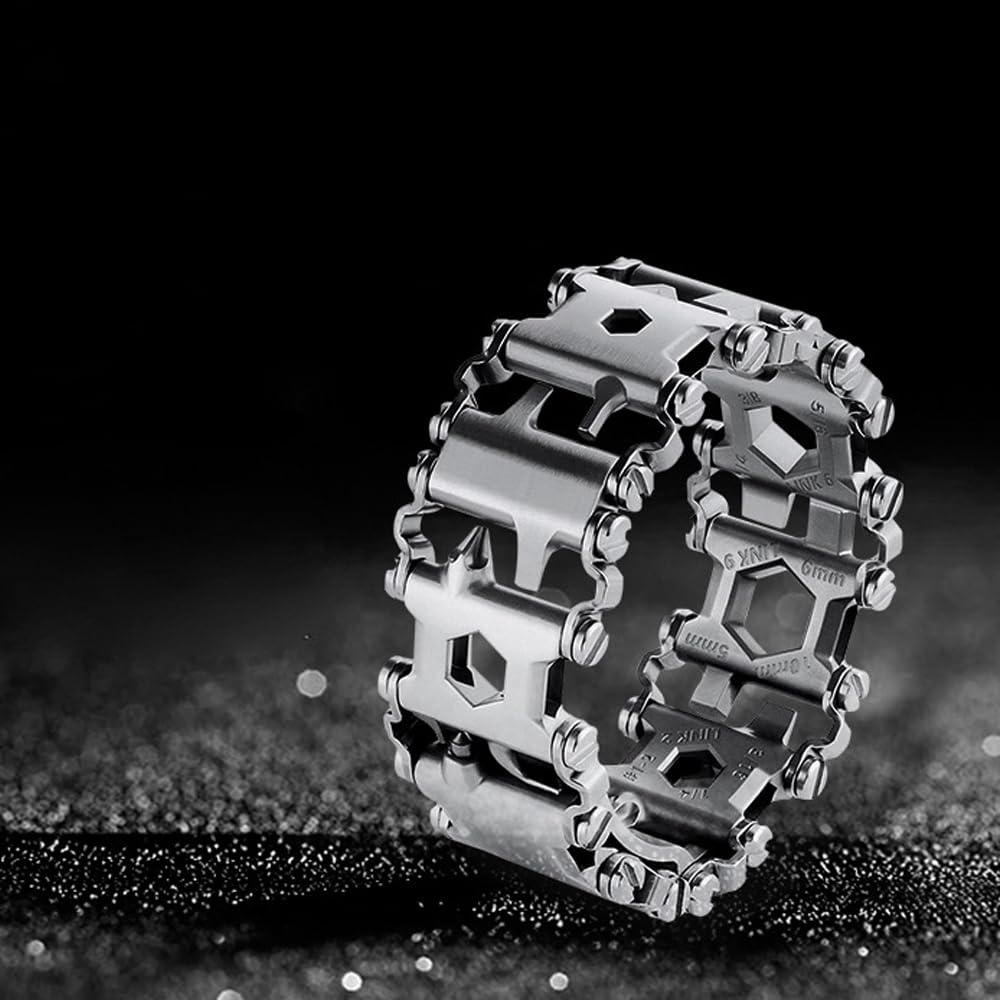 Bracelet multifonction pour Homme – Bracelet multifonction 29 en 1 en Acier inoxydable, adapté aux Voyages, adapté pour la Voile, le Camping, la randonnée – Argent, 21 cm