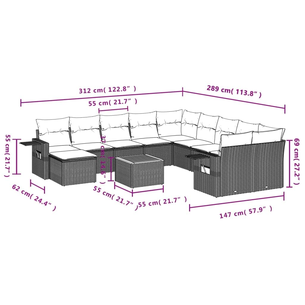 Set di 12 mobili da giardino in polyrattan, grigio, 62 x 62 x 69 cm, divano angolare con tavolo in legno di acacia, set modulare per esterni, per balcone, terrazza, giardino