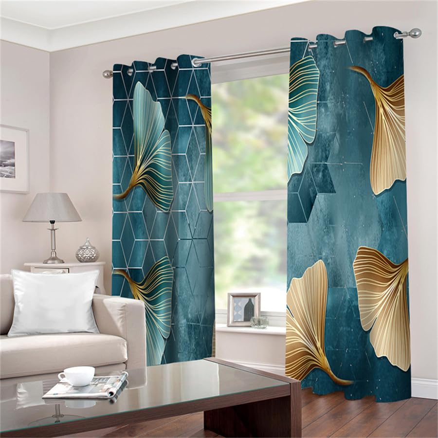 Rideau Thermique Isolant Anti Froid Géométrie Feuilles - Occultant pour Chambre à Coucher - Design Oeillets Voilage 2x140x180